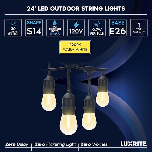 Miniatura 7 de LUXRITE Guirnalda de luces LED de 24 pies para exteriores, resistente al agua, 12 bombillas Edison S14 inastillables, luces colgantes para patio,