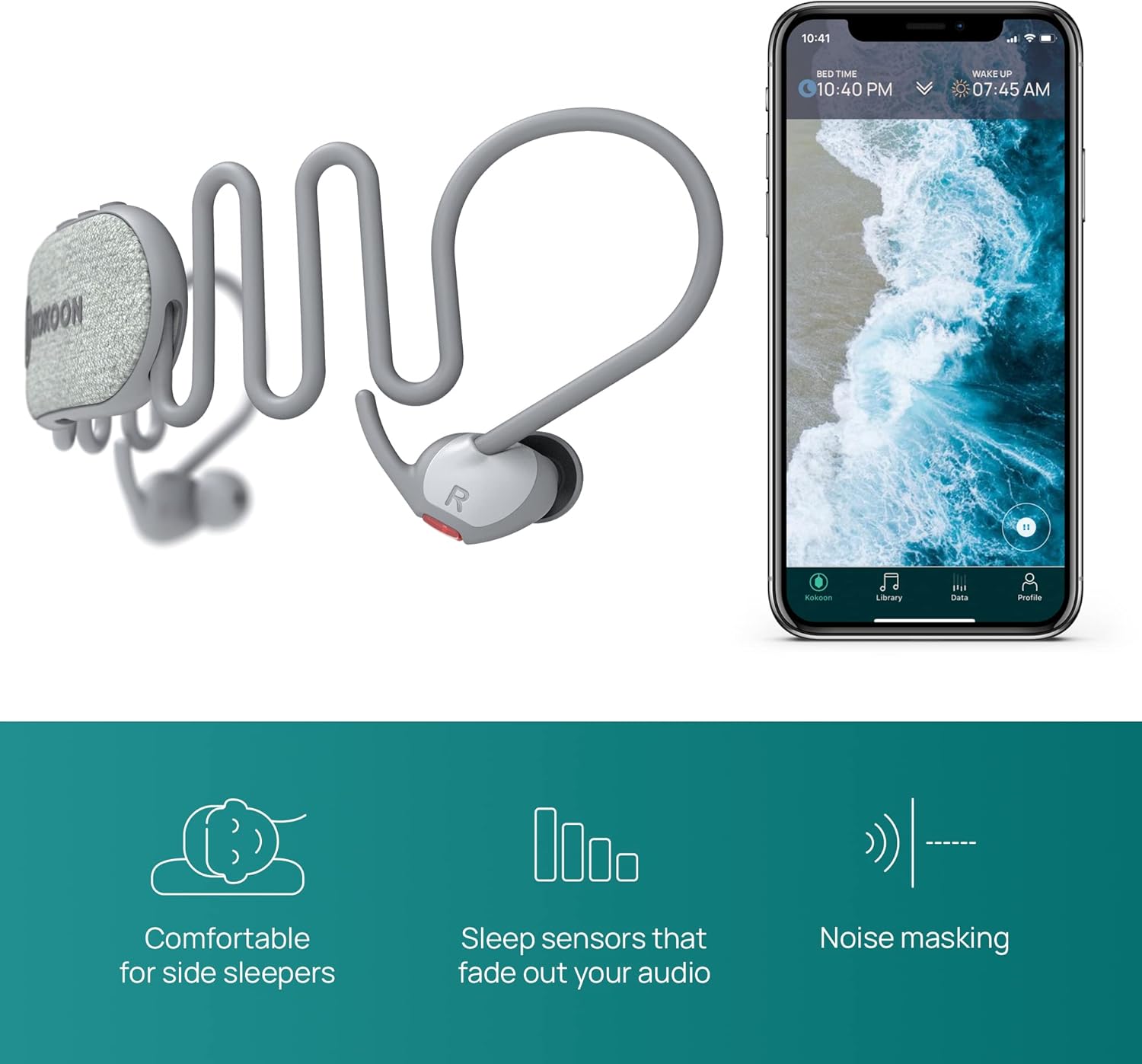 Kokoon Nightbuds connected to a smartphone displaying the MyKokoon app with sleep tracking data.