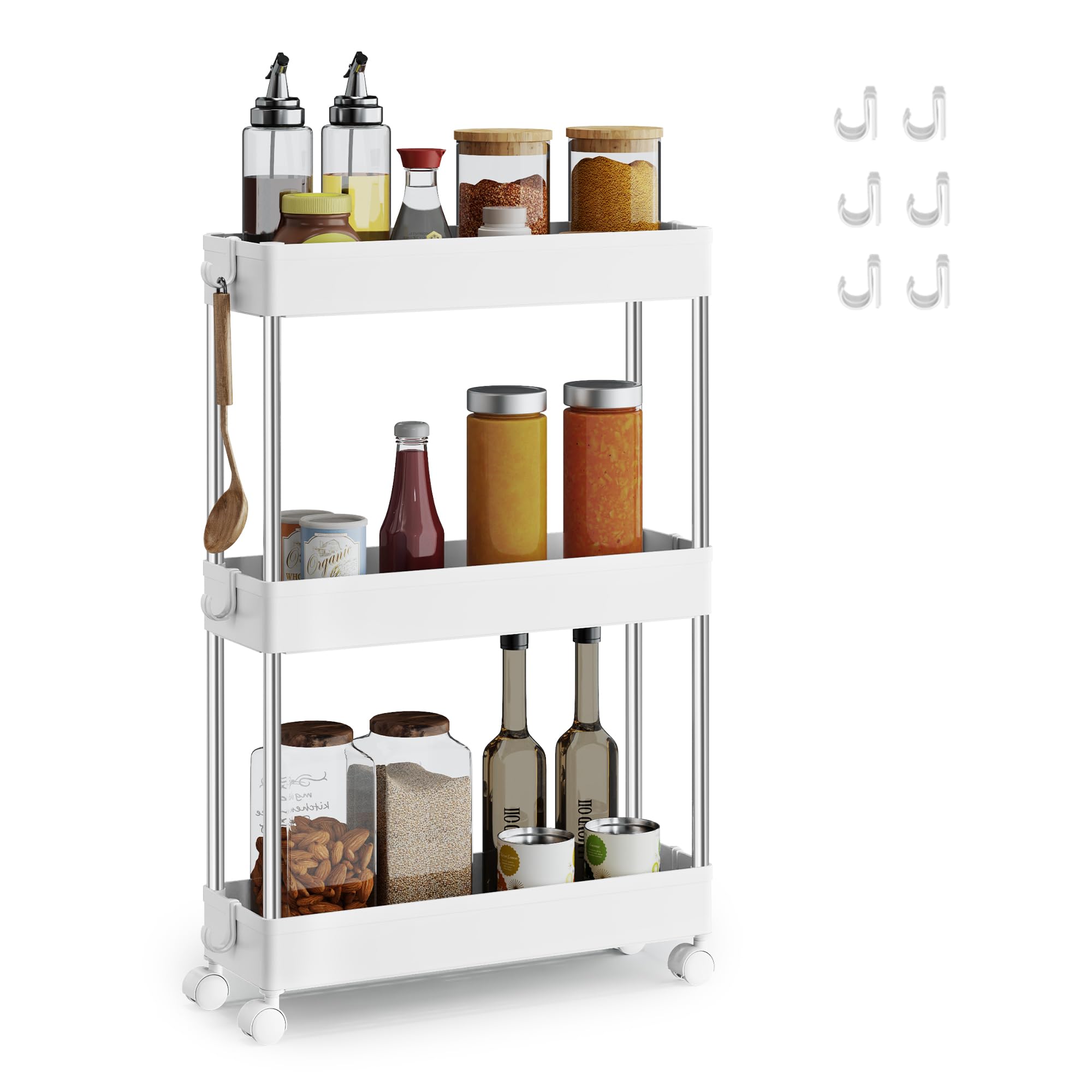 SONGMICS 3-Tier Storage Trolley, Rolling Cart with Wheels, Space-Saving Kitchen Trolley in Office Bathroom, 14.4 x 42 x 60.6 cm, Cloud White KSC007W01