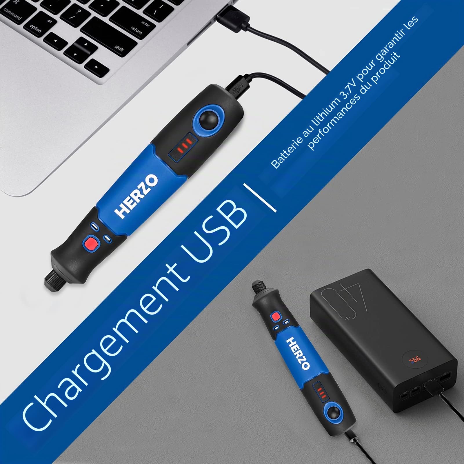 HERZO Outil Rotatif Electrique sans fil Li-Ion (3.7V), 32 pcs Accessoires，recharger par USB, Mini Outil avec 3 Vitesses 5000-15000tr/min Multifunction, pour sculpter/couper/polir