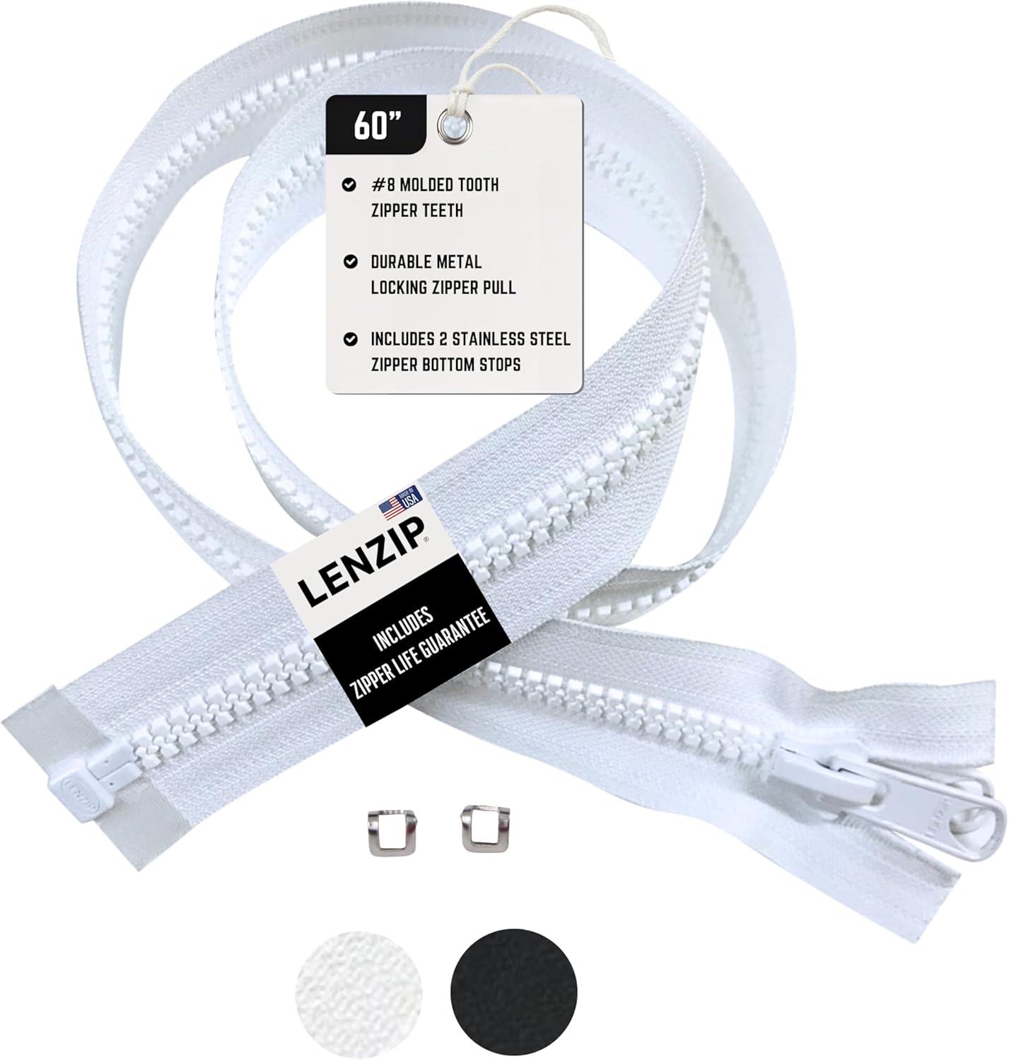 EZ-Xtend Lenzip #8 Separating Zipper - Heavy Duty Cut to Length with Double Metal Locking Pulls - Includes 2 Stainless Steel Zipper Bottom Stops (White, 60")