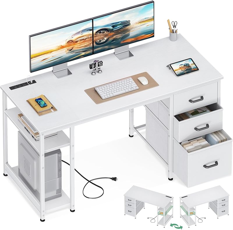 Escritorio para computadora blanco de 51 pulgadas con cajones y tomas de corriente USB | Escritorio reversible para oficina en casa con estantes de almacenamiento, trabajo desde casa, mesa moderna de trabajo/escritura/estudio para dormitorio, blanco