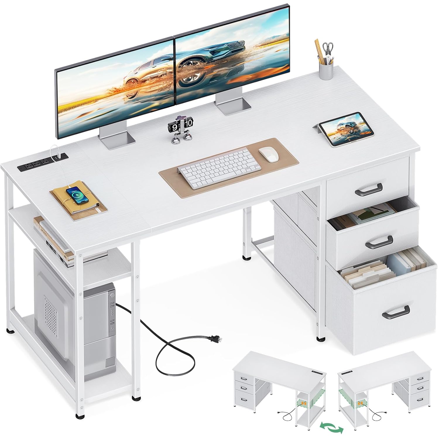 AODK 51 Inch Computer Desk with Drawers USB Power Outlets - Reversible Home Office Desk with Storage Shelves
