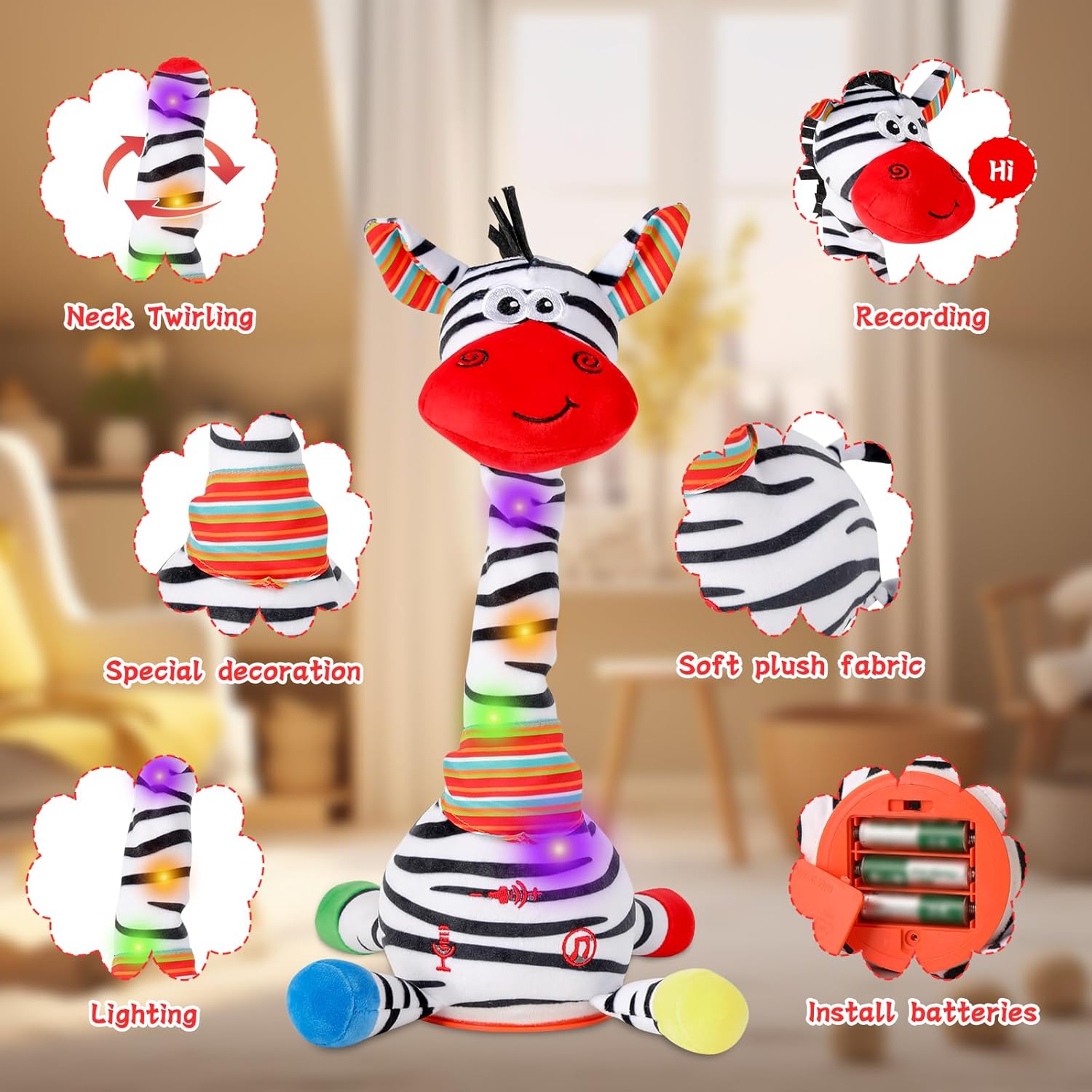 LUKETURE Dancing Talking Zebra Plush, Interactive Stuffed Animal Toy, Musical Plush with Record & Repeat, Sings 10 Songs, LED Lights