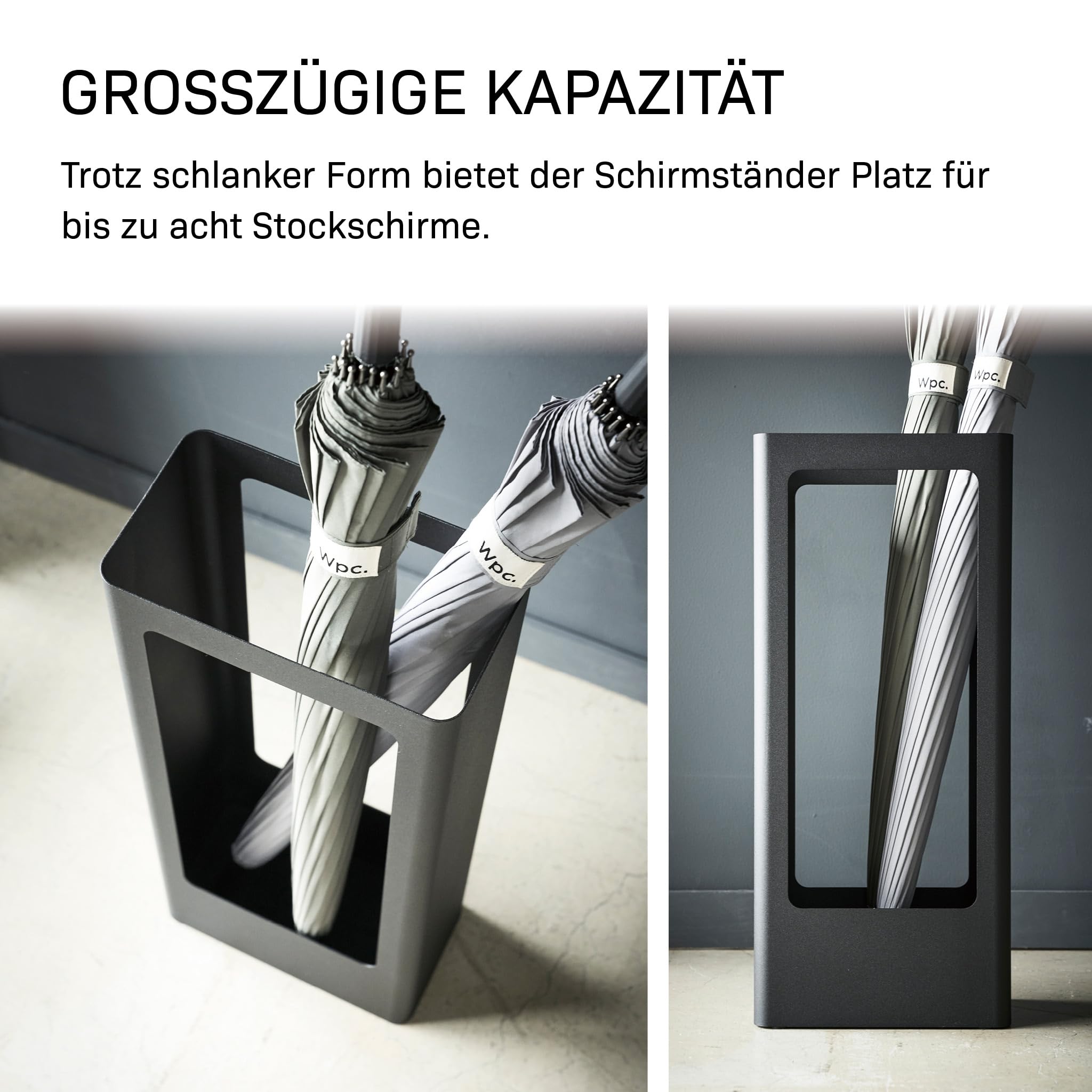 YAMAZAKI Tower Schmaler Schirmständer aus Stahl - bis zu 8 Schirme, mit Abtropfschale/Silikonmatte - 12 x 22 x 50 cm, Japanisches Design, schwarz