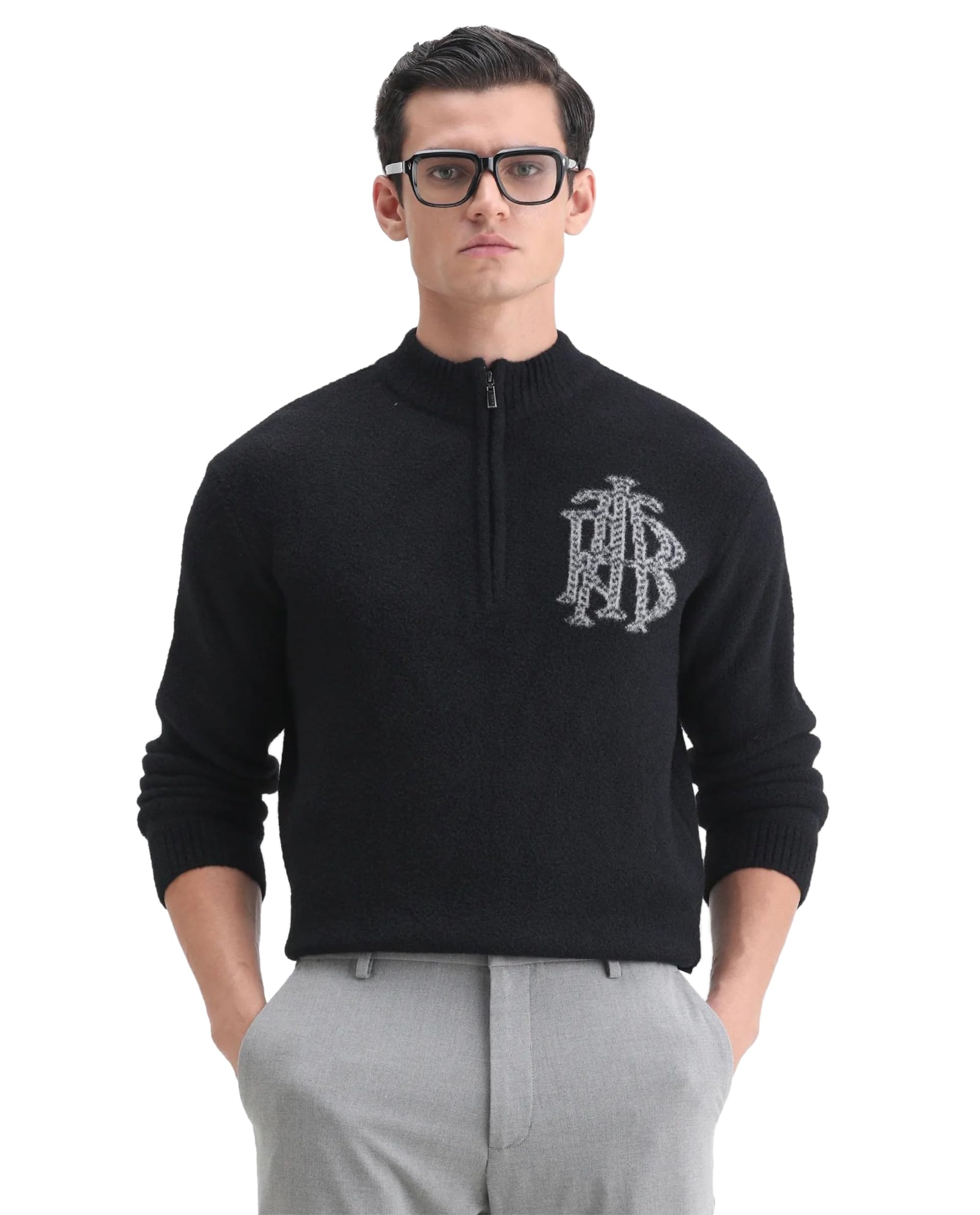 rare rabbit Men Luca Regular Graphic Cotton Blend Quarter-Zip High Neck Sweater-picture-23