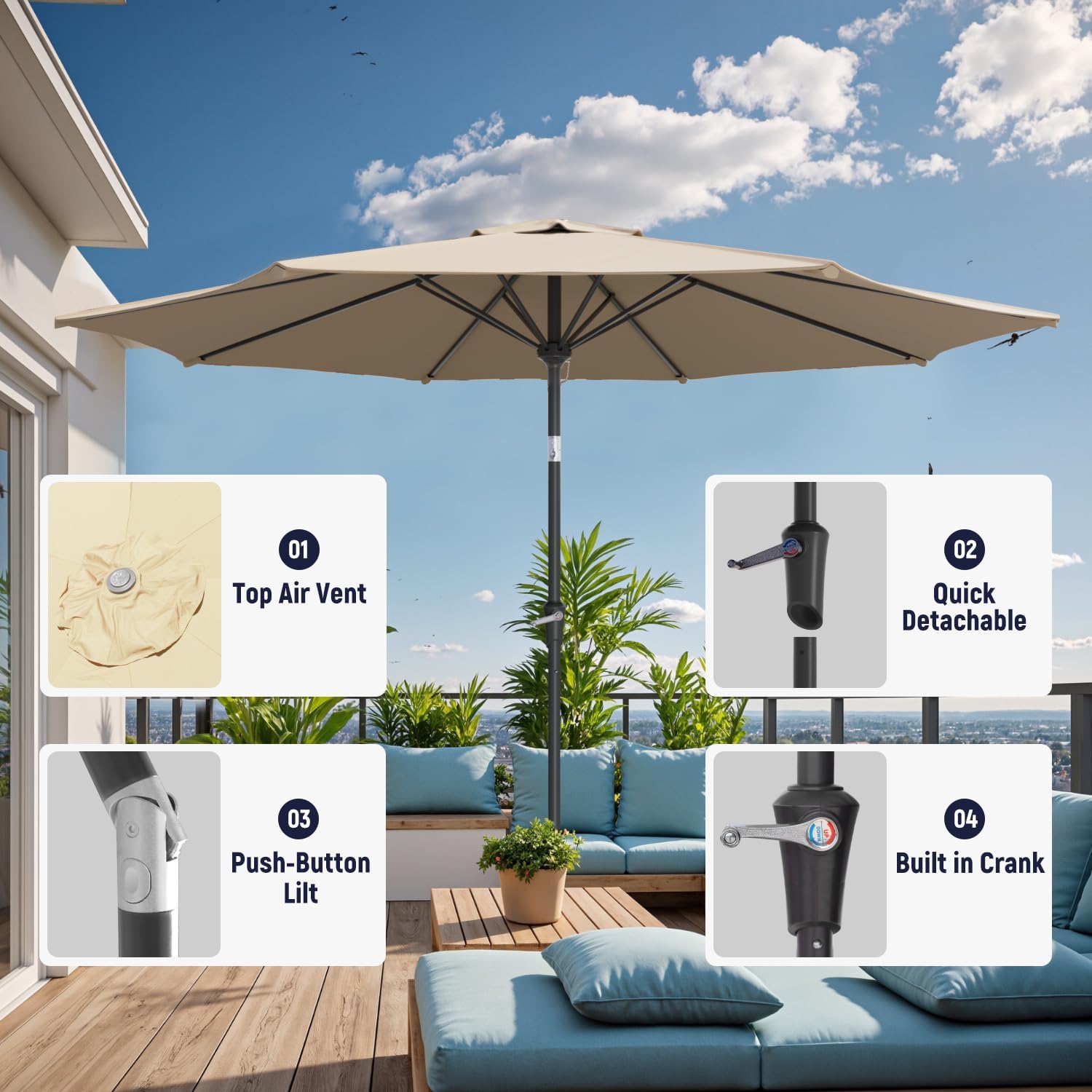 Outdoor Patio Umbrella with One Push Button Tilt and Crank, 8 Sturdy Ribs Market Table Umbrella