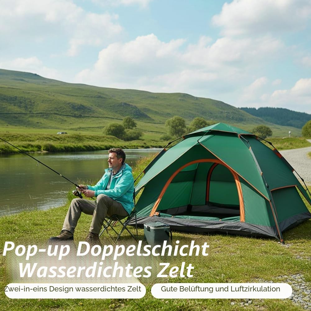 Zelt 2-4 Personen Campingzelt Pop Up - 40s Automatik Schnellaufbau 2/3 Mann Zelte Wasserdicht 3500mm & Winddicht, Doppelwand Kuppelzelt mit Regenschutz, Wurfzelt Zelt für Camping, Trekking & Wandern