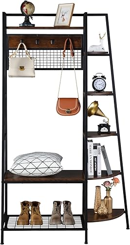 Miniatura 3 de PHONME - Árboles de entrada con ganchos, estantes de almacenamiento y banco de zapatos, organizador de armario independiente con perchero, estante