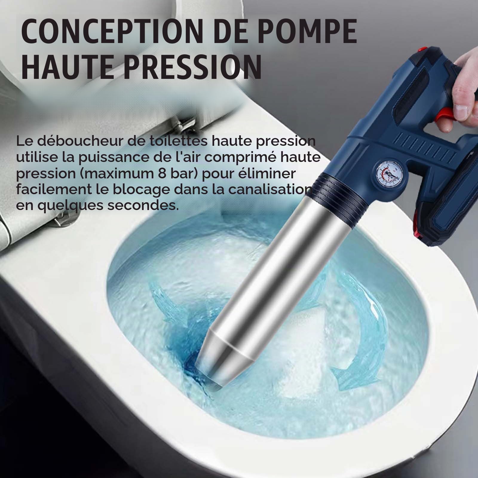 Aisny Deboucheur WC Électrique, Déboucheur à Pompe Deboucheur Canalisation Professionnel avec Indicateur de Pression d'air et 4 Adaptateurs en Caoutchouc pour Salle de Bain Cuisine Toilettes