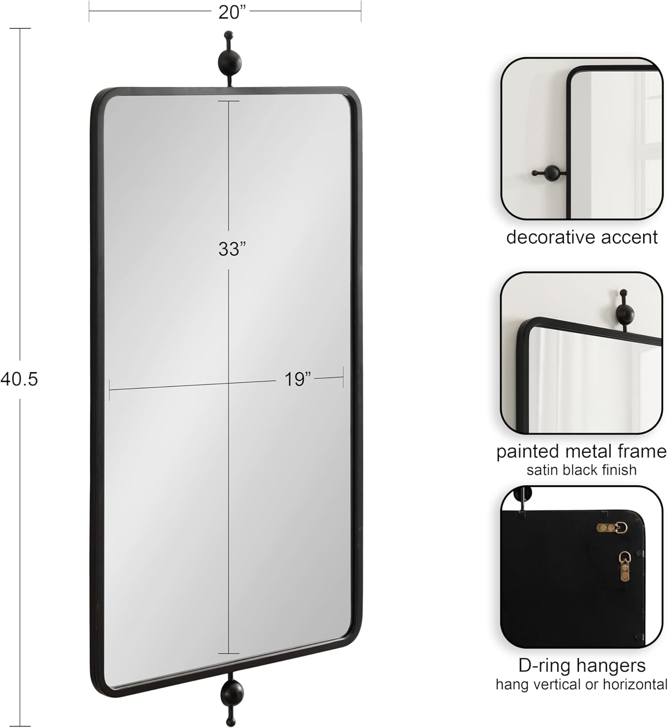 Kate and Laurel Kasota Traditional Metal Rectangle Wall Mirror, 20 x 41, Black, Vintage Tall Bathroom Mirror for Over Sink or for Use as Versatile Entryway or Bedroom Wall Decor