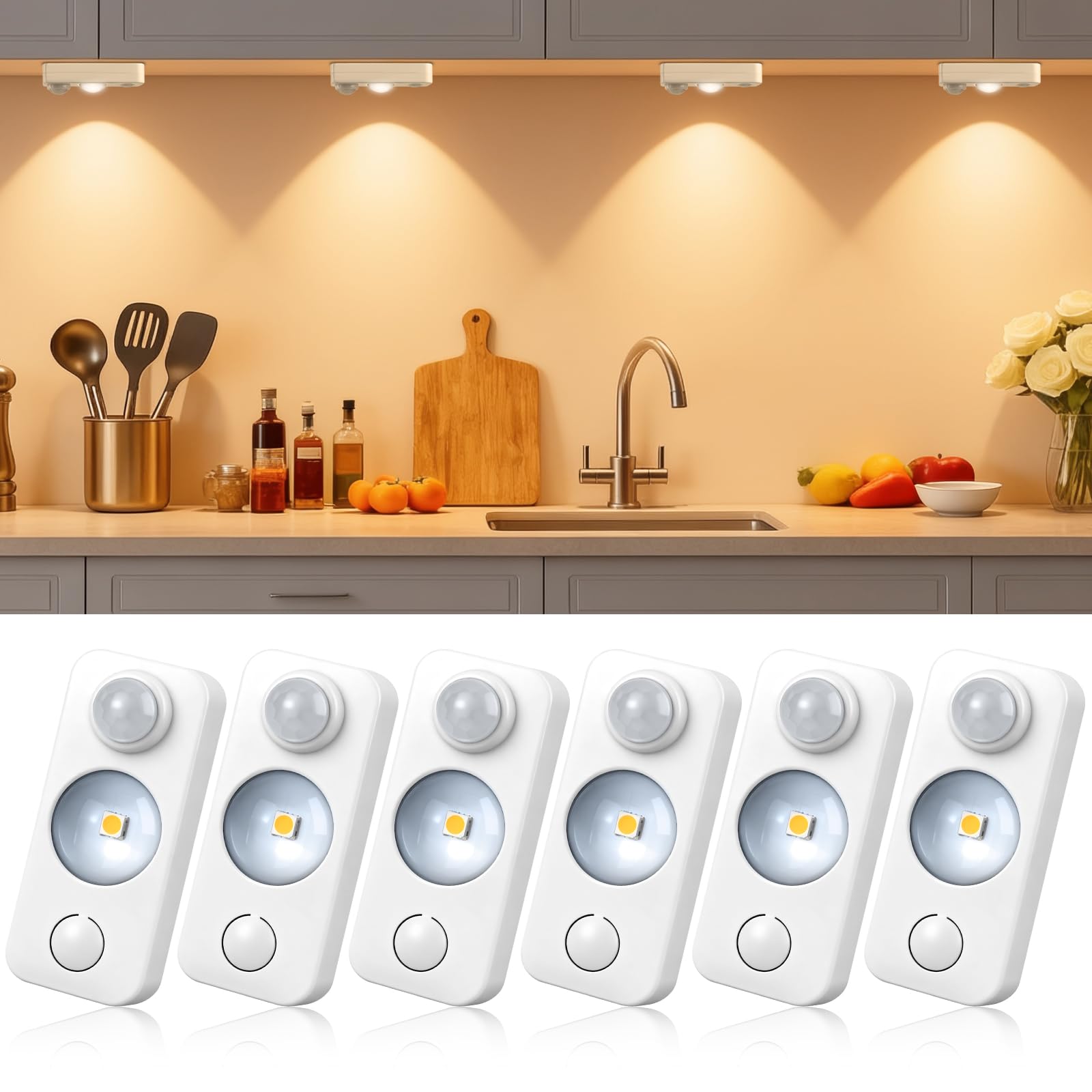 LED Motion Sensor Lights Indoor, Rechargeable Cupboard Lights with 3 Modes, Stick-On Dimmable Wireless USB Night Light for Wardrobe, Drawer, Shelf, Stairs, Hallway, Under Cabinets, Warm White(6 Pack)