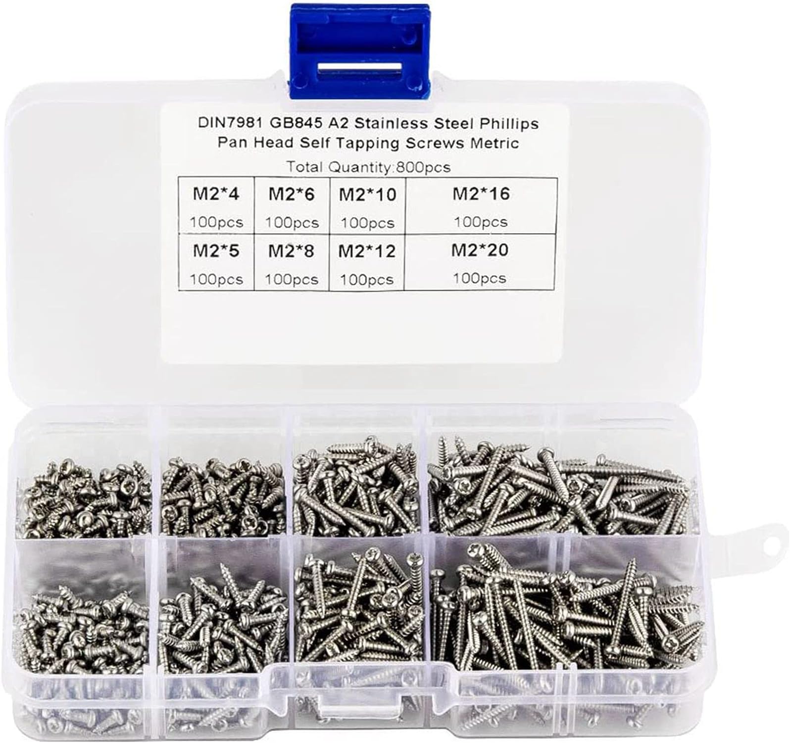 800-Piece Stainless Steel M2 Screw Assortment Bolt Nut Self-Tapping Screw Set(Pan Head-4/5 / 6/8 / 10/12 / 16/20 mm)