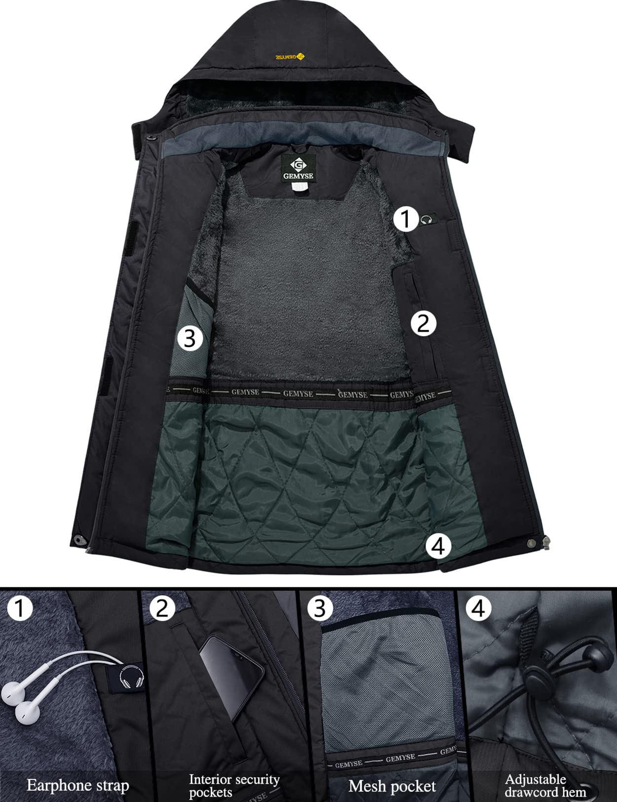 GEMYSE Veste de Ski Homme Coupe-Vent Imperméable Doublure en Polaire Manteau d'Hiver Montagne Homme avec Capuche