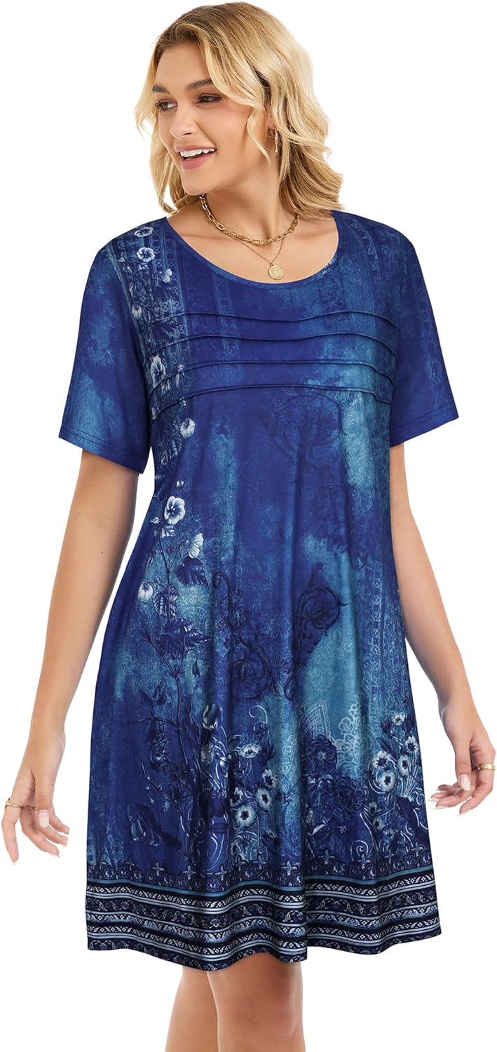 elescat Sundress for Women Casual Loose Summer Short Sleeve Pleated Front Crew Neck T Shirt Dress with Pockets - Image 5