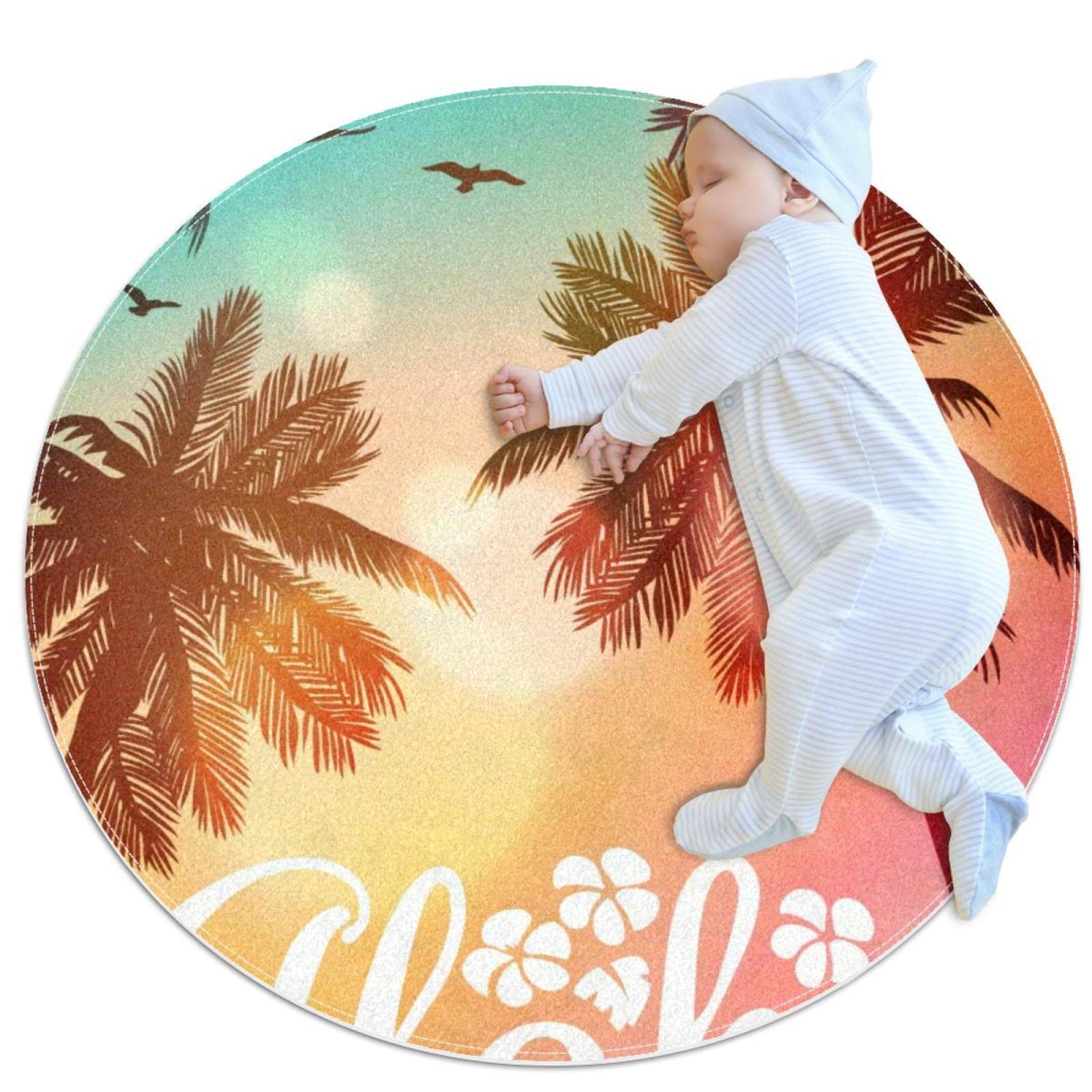 Tapis rond palmier Aloha 100x100cm JDEZ pour chambre enfant et grand salon moderne