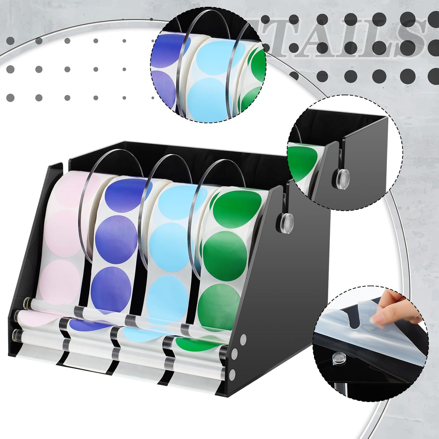Feifeiya Adjustable Label Dispenser Acrylic Sticker Roll Dispenser Label Roll Holder Multi Use Sticker Holder Organizer Stand for Home Office Restaurant Kitchens Bakeries and Cafes(4 Disks)