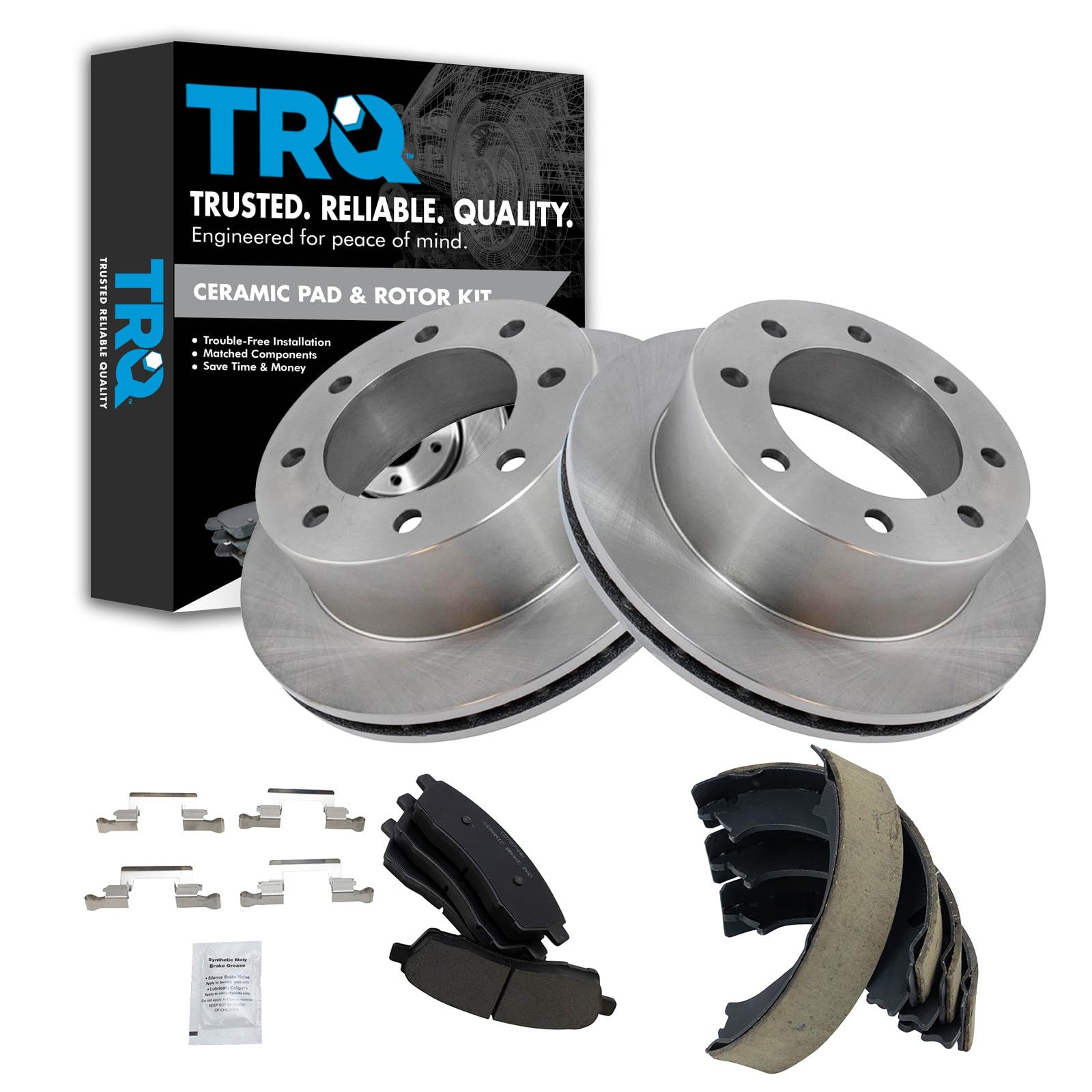 TRQ Rear Brake Pad and Rotor Set Ceramic Solid Rotors Parking Brake Shoe Set Compatible with 2000-2005 Ford Excursion 1999-2004 F-250 Super Duty F-350 Super Duty