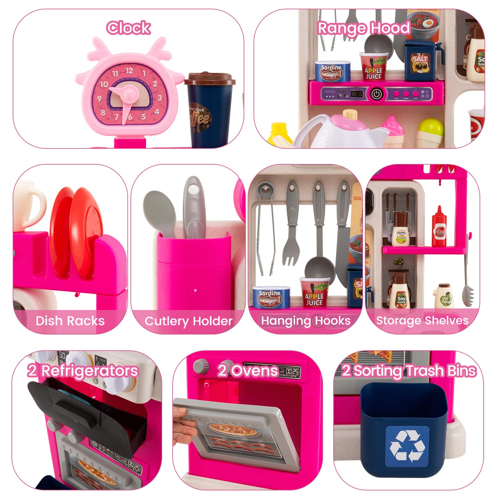 HOMASIS Cocina de Juguete con Sonidos y Luces, Juego de rol de Cocina con 75 Piezas, Agua al Vapor, Grifo con Agua y Fregadero, para Niños a Partir de 3 Años (Rosa)