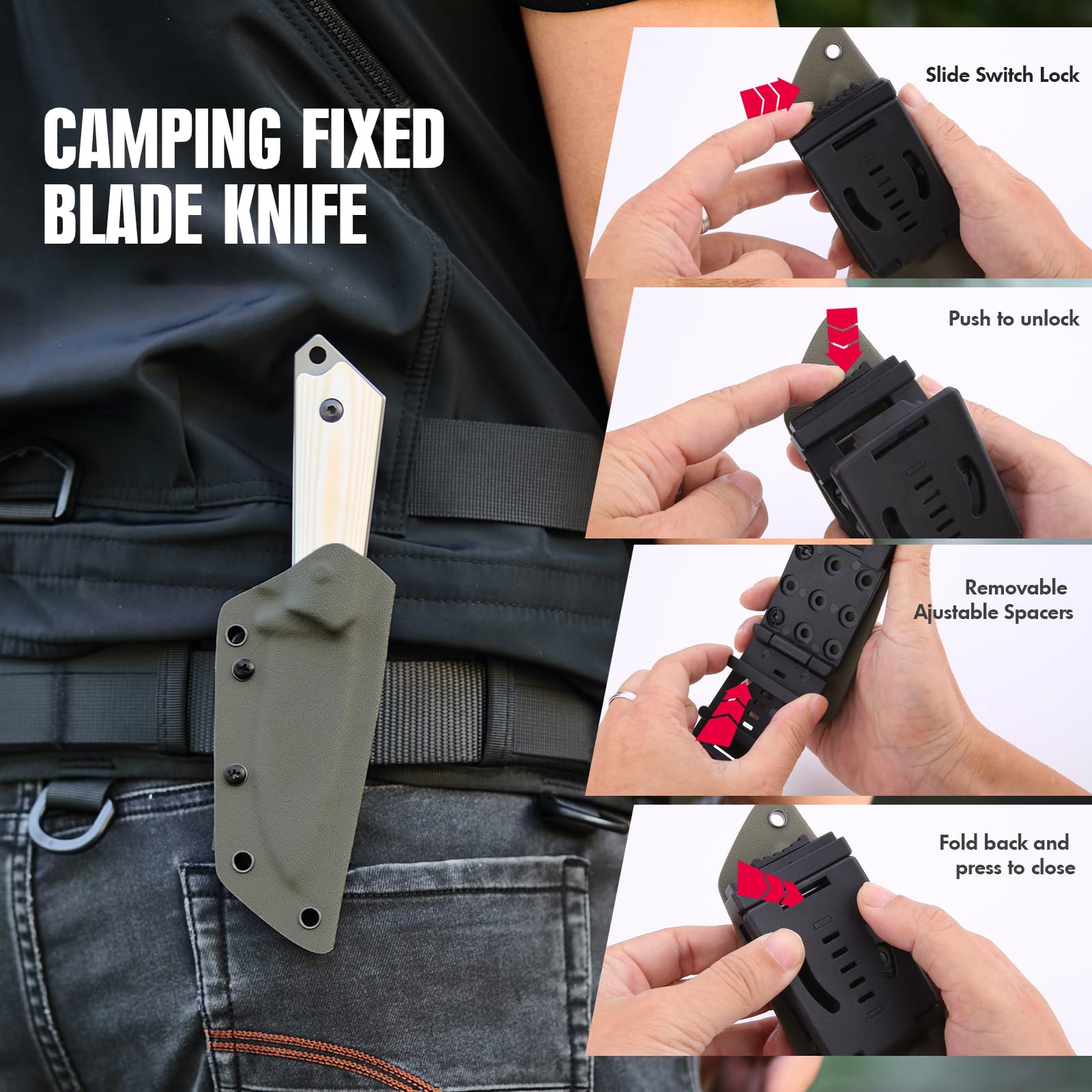 KHU Cuchillo Hoja Fija, Cuchillo Supervivencia Cuchillo Caza Cuchillo Bushcraft D2 Acero Mango de G10, Outdoor Caza Camping Accesorios - Funda Kydex - 29A