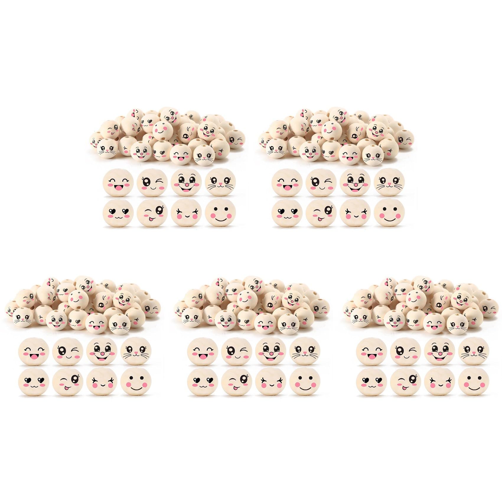 Hndhbfgrt 8 Styles Wooden Beads with Face 20 mm Smile Face Wooden Bead Natural Wood Beads Round with Hole Pack of 400