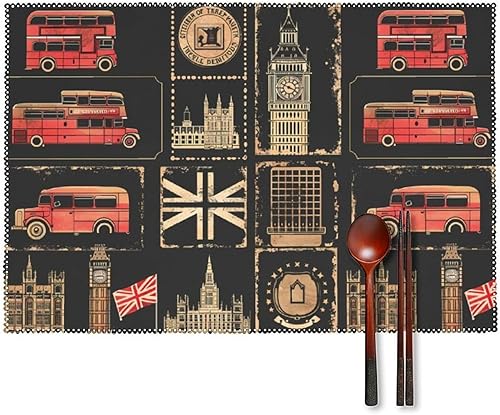 Set of Stamps with The Union Jack Placemats Set of 6 Resistant Table Mats Washable Place Mats for Dinner Party Table Decoration