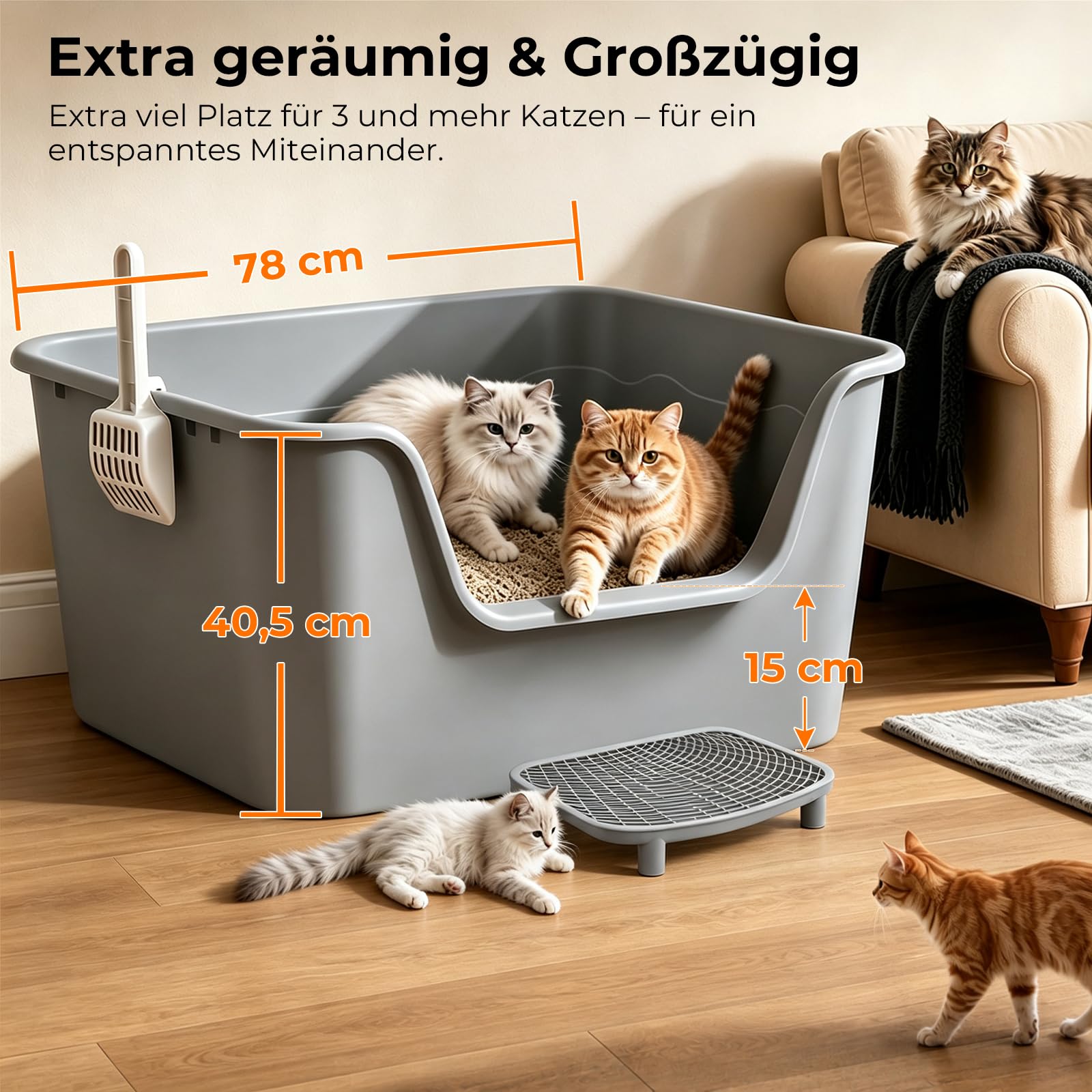 XXL Katzenklo Riesig (126L) – 78,5x54,5x40,9 cm, Grau – Extra hoch, mit Matte & Schaufel, für Maine Coon & Mehrkatzenhaushalt