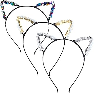 Lux Accessories Rainbow gold tone Silvertone Sequins Kitty Cat Ears Set (3pc) Headbands
