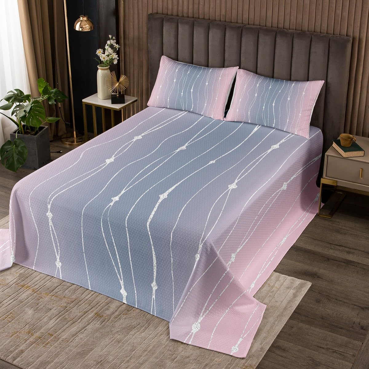 Erosebridal Pink and Grey King Quilt Set for Girls Women Watercolor Gradient Coverlet Set, Geometric Abstract Bedding Set Wave Stripe Bedspread Set, Modern Aesthetic Artwork Bed Quilt Home Decor