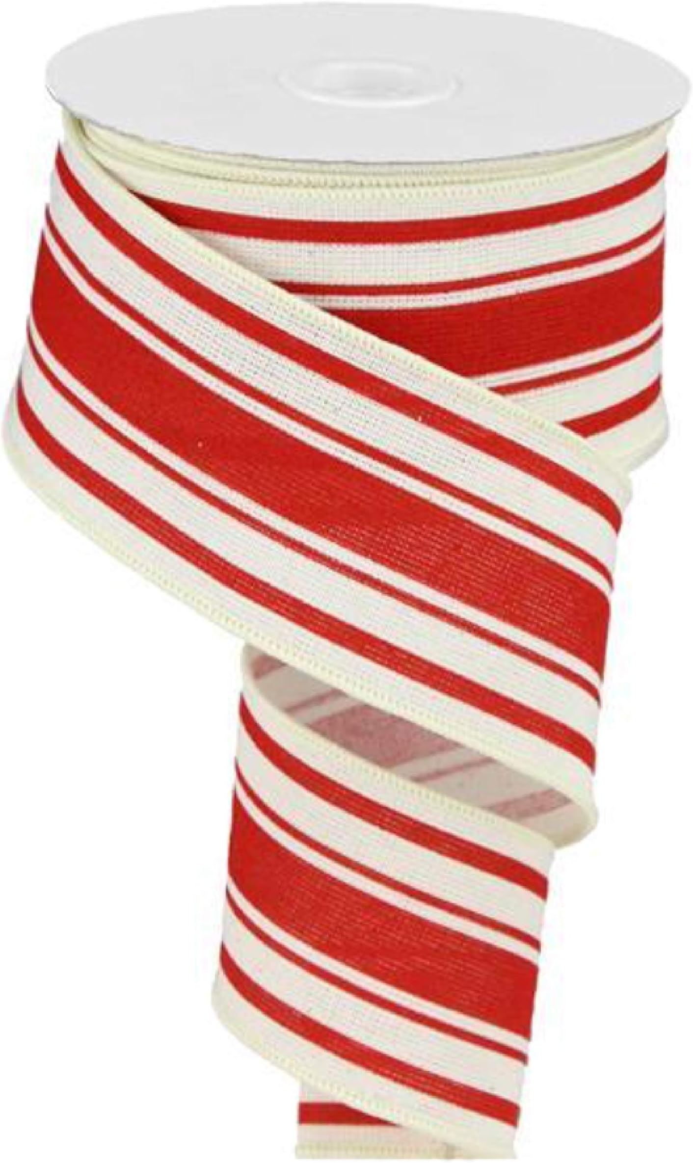 Farmhouse Stripe on Cotton Wired Edge Ribbon - 2.5 Inches x 10 Yards (Ivory, Farmhouse Red)