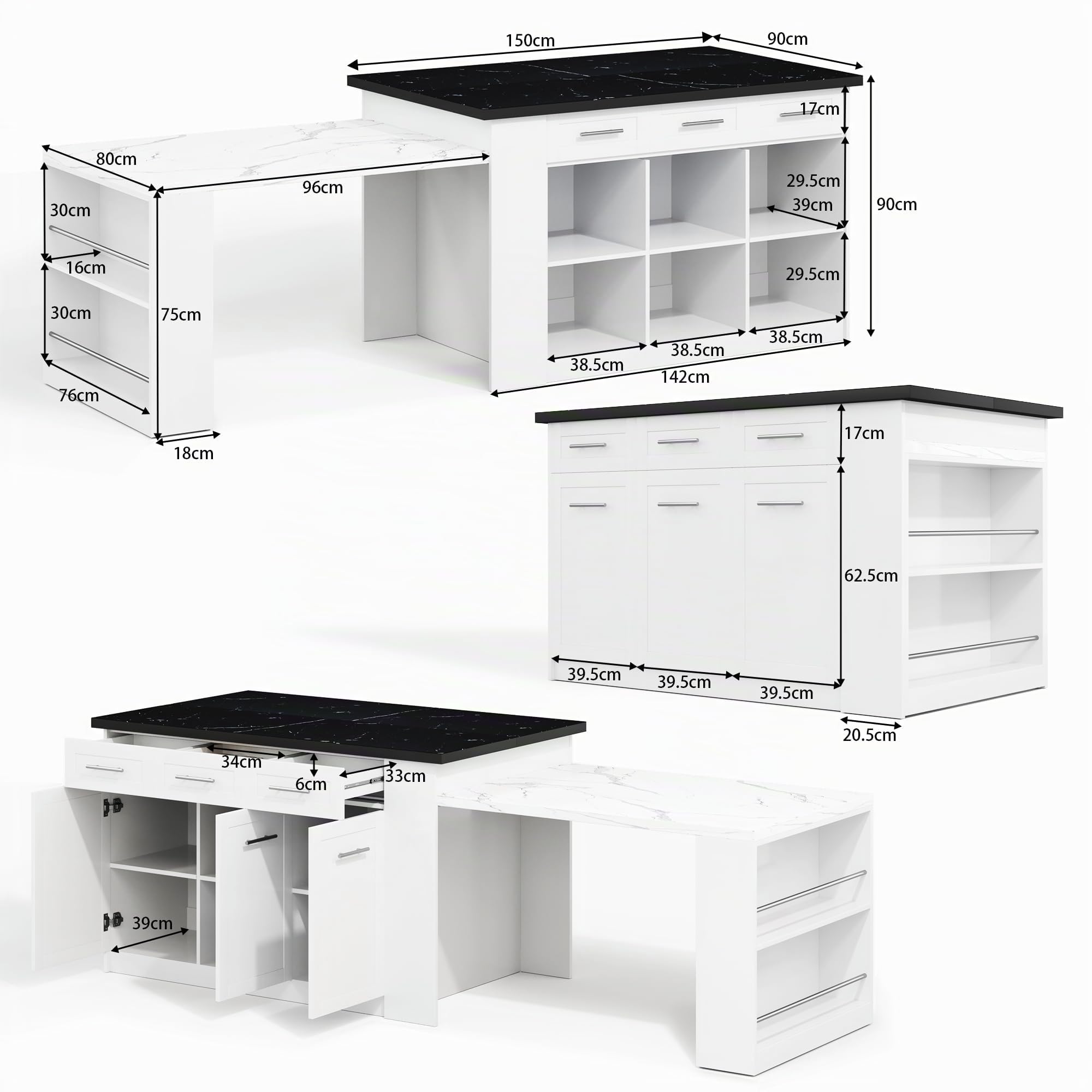 Isola da cucina multifunzione 150+96 cm, tavolo da pranzo allungabile bianco, piano marmorizzato nero/bianco, armadietti integrati