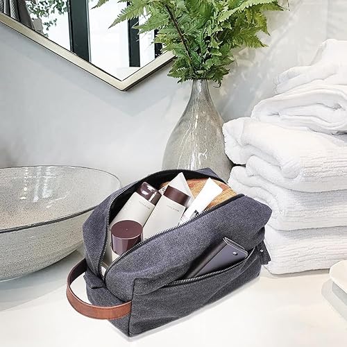 Miniatura 6 de Lucky Rain Neceser de viaje de lona, kits Dopp con mango de cuero genuino, Gris, Día de la Madre, Día del Padre, boda, aniversario, cumpleaños, día