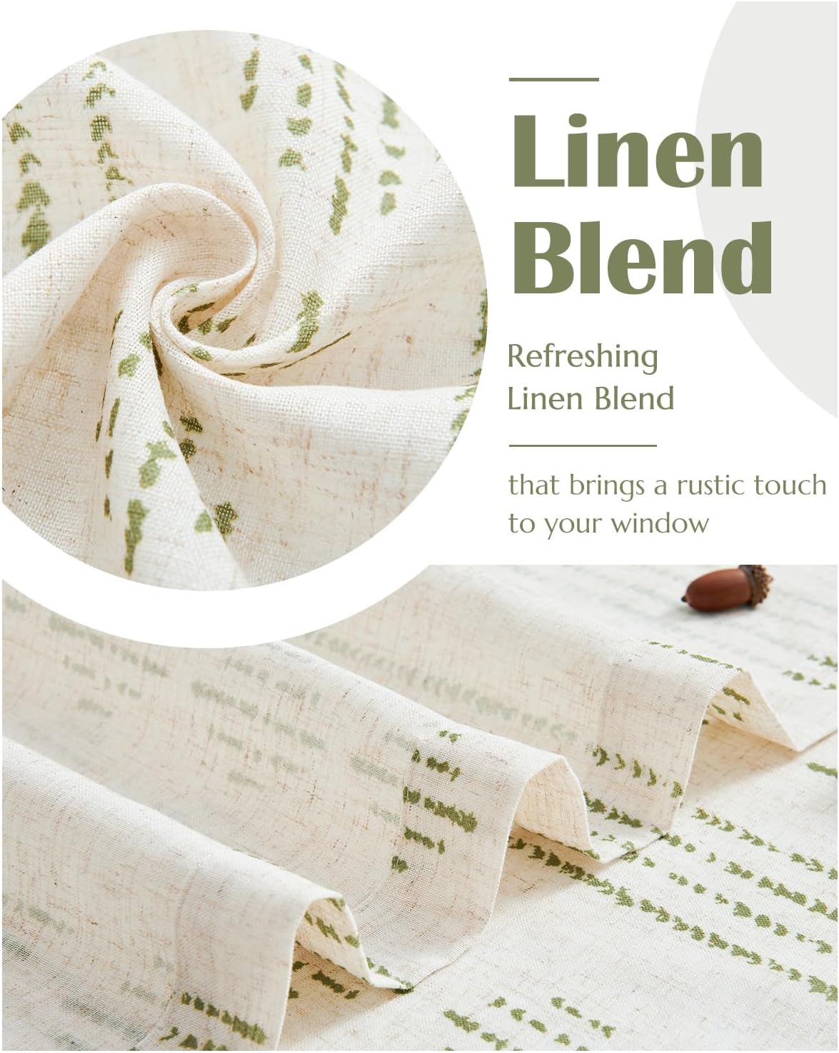 jinchan Boho Kitchen Curtains Linen Cafe Tier Curtains 45 Inch Bohemian Geometric Striped Mudcloth Small Window Drapes for Living Room Bathroom Light Filtering Back Tab 2 Panels Sage Green on Flax