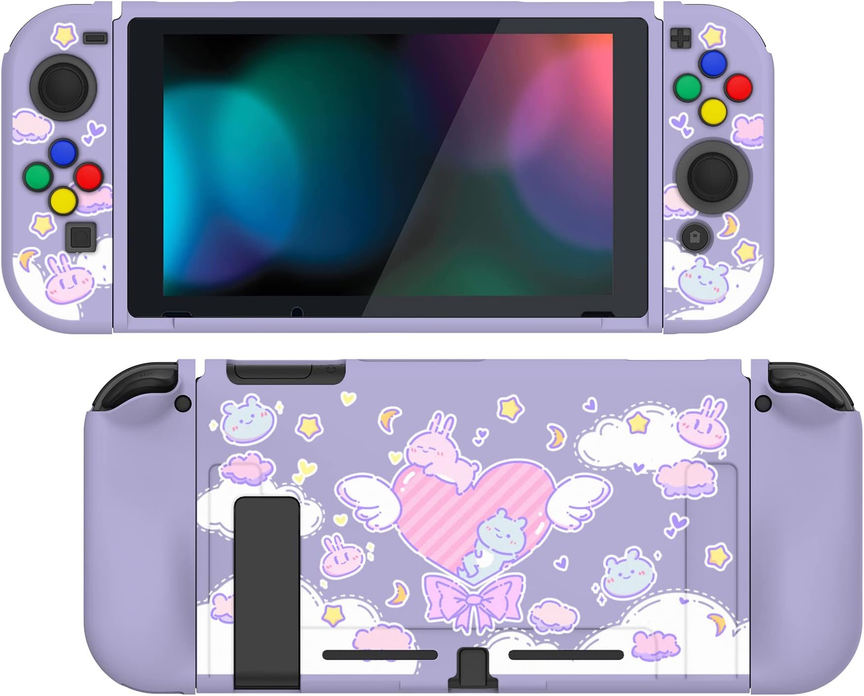 PlayVital Fantasy Bunny & Bear Protective Case for Nintendo Switch, Soft TPU Slim Case Cover for Nintendo Switch Joycon Console with Colorful ABXY Direction Button Caps