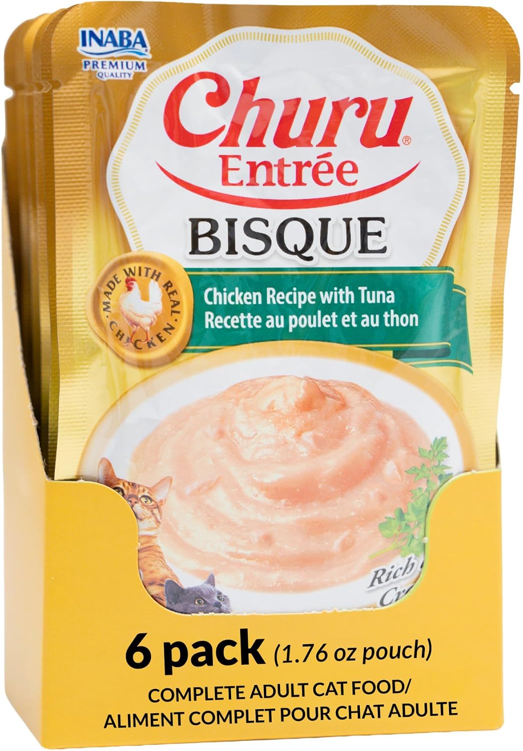 INABA Churu Entrée Bisque for Cats, High Protein & Moisture, Prebiotic Wet Cat Food, 1.76oz. per Serving, 48 Pouches, Chicken Recipe