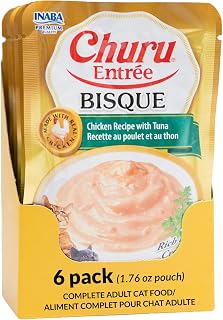 INABA Churu Entrée Bisque for Cats, Grain-Free, High Moisture, Prebiotic Wet Cat Food, 1.76oz. per Pouch, 6 Pouches, Chicken with Tuna Recipe