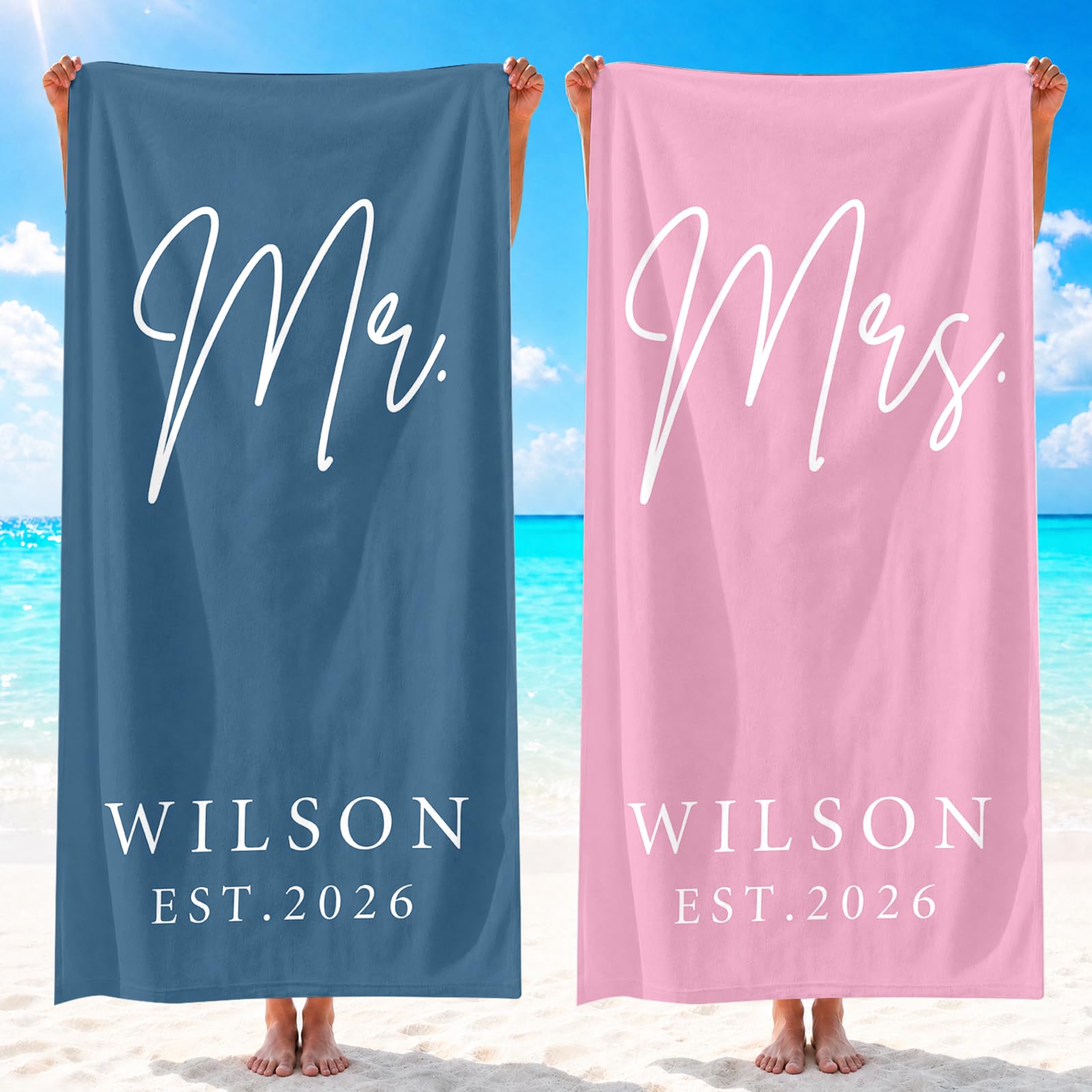 Loosusu Personalised Mr and Mrs Beach Towels Set of 2 - Custom Beach Towels for Bride and Groom with Names,Customised Hubby and Wife Newlywed Couple Bath/Pool/Swim Towel for Honeymoon Wedding Gift
