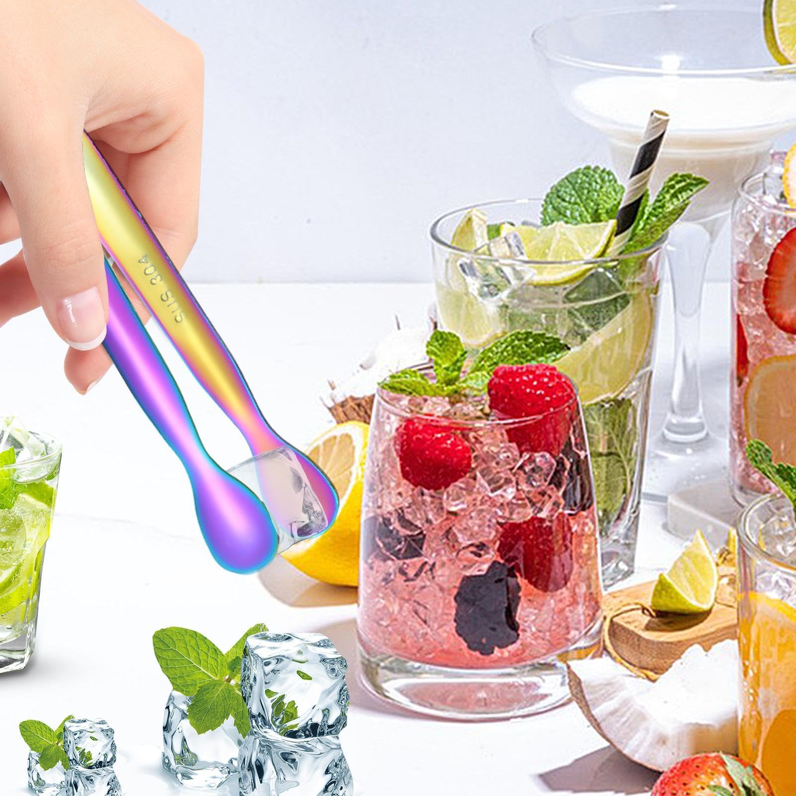 Pince Cuisine,Rose Gold--Pince à Glace Multicolore En Acier Inoxydable, Pince à Pain, BBQ, Cube