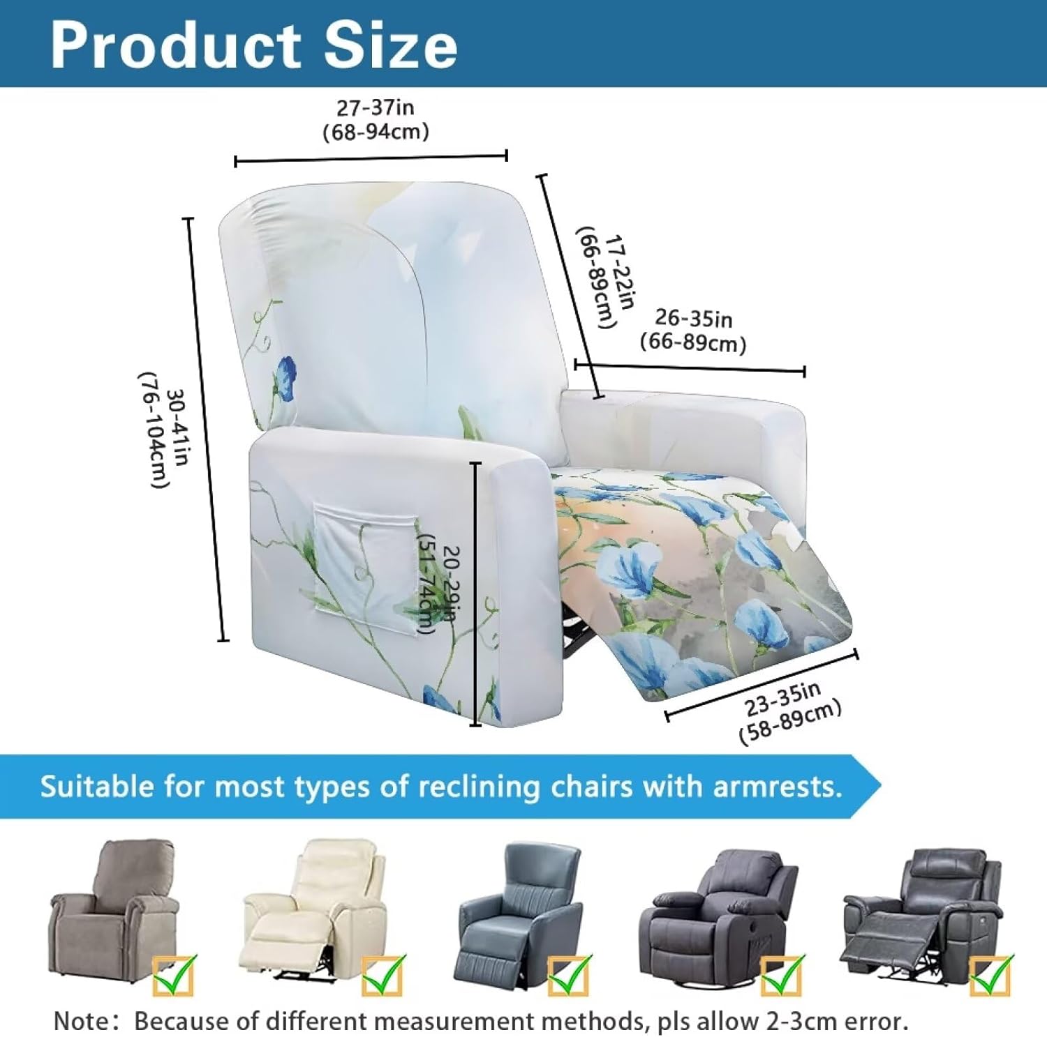 FOR U DESIGNS Watercolor Floral Light Blue Easy Install Stretch Recliner Covers 4-Piece Set Non Slip Washable Sofa Protector with Pockets for Small Reclining Chairs