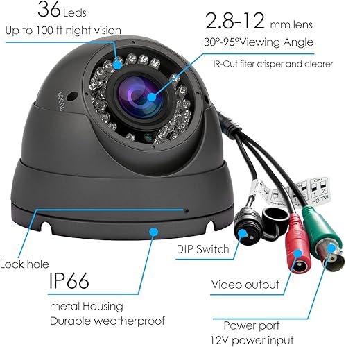 Miniatura 6 de Cámara CCTV HD 1080P 4 en 1 (TVIAHDCVI960HCVBS) Cámara domo de seguridad, lente varifocal de 0.110-0.472 in, videovigilancia analógica, visión gran