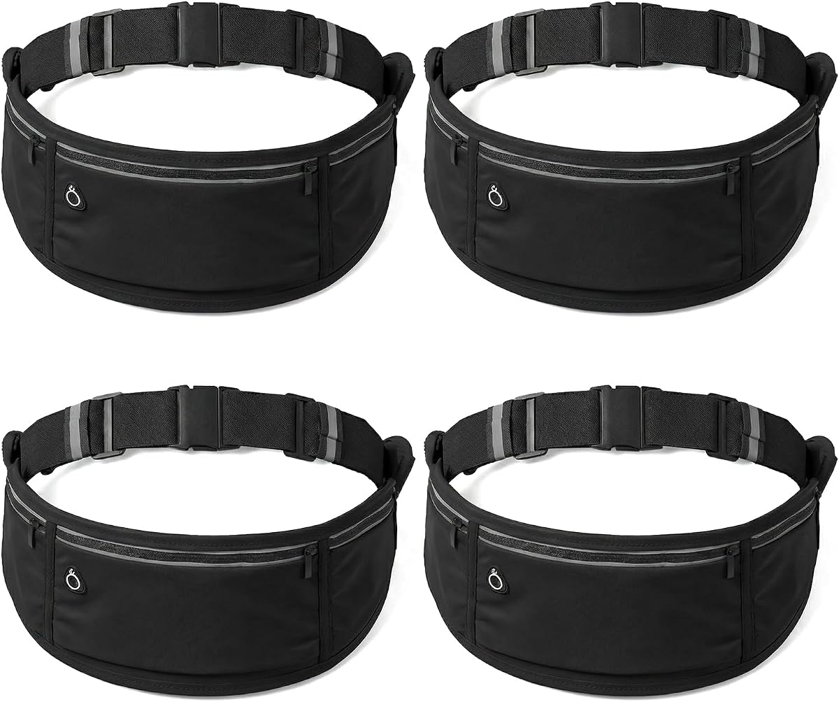 4 Pack Slim Running Belt, Slim Running Belt Fanny Pack For Men Women, SRunning Phone Holder Belt With 3 Pockets, Adjustable Reflective Running Belt Waist Pack For Sports, Traveling