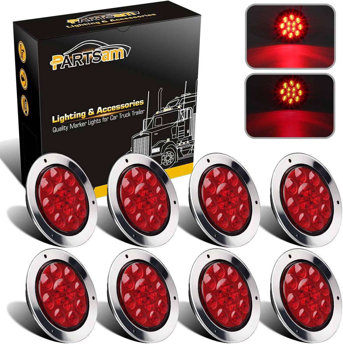 Partsam 8Pcs 4 Inch Round Led Stop Turn Tail Lights Red 12LED Flange Mount Truck Trailer RV Brake Stop Turn Marker Tail Running Lights Waterproof Sealed with Chrome Rings Bezels 12V DC