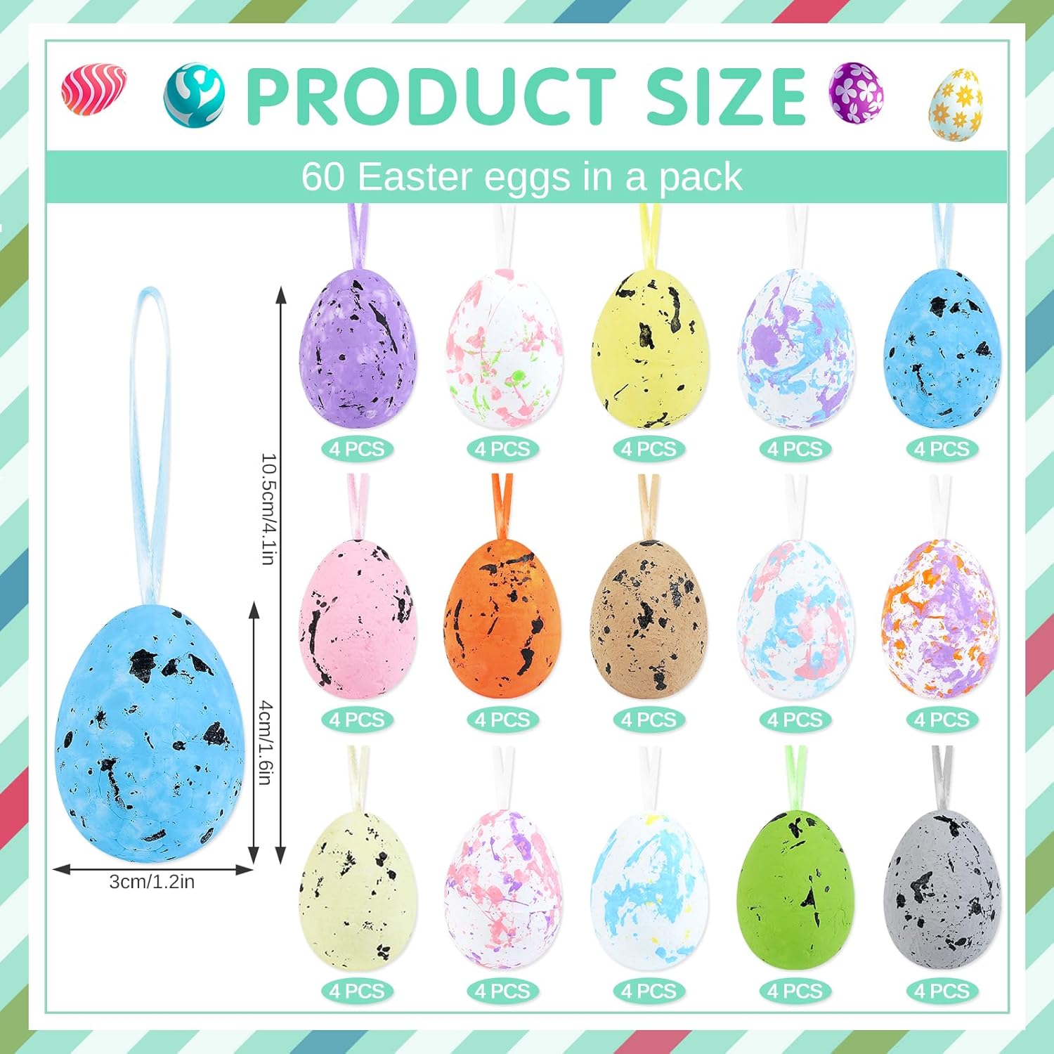 60 PCS Easter Hanging Foam Eggs Mini Foam Easter Eggs Colorful Egg Hanging Ornaments with Rope for Tree Outdoor Home Spring Party Supplies Decoration