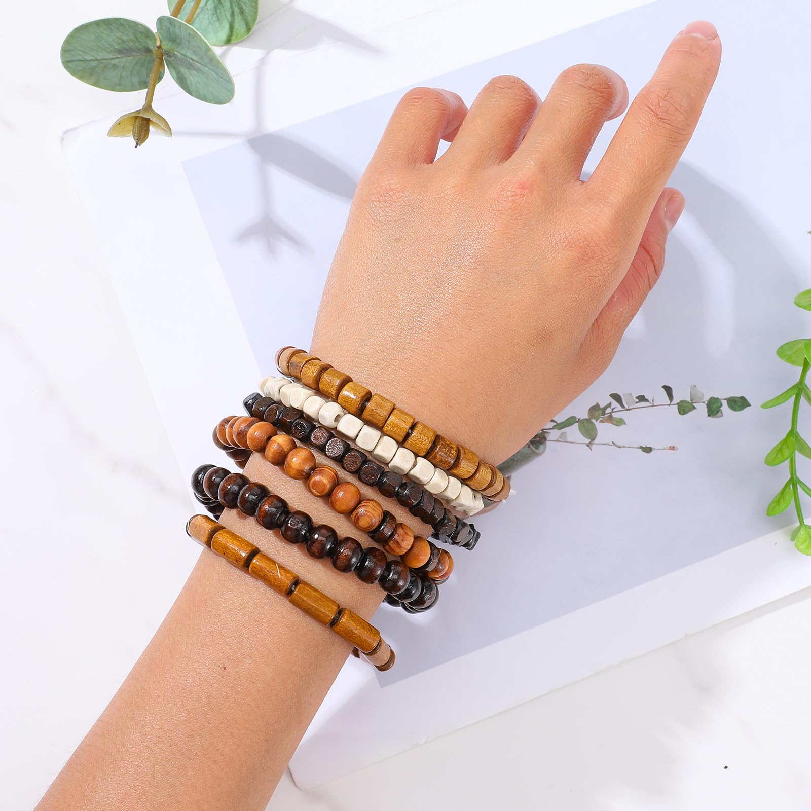 Pulseras de cuentas de madera para hombre, elasticidad ajustable, pulsera de cuentas desmontables de múltiples capas para hombres, Talla única, Madera, No es una piedra preciosa 6