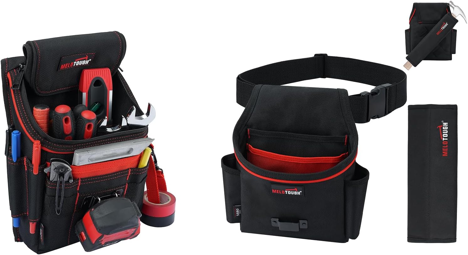 MELOTOUGH Medium Ziptop Tool Pouch with Belt Clip, Tool Belt Pouches with Detachable Hammer Holster for Electrician, Carpenter, Construction (Red)