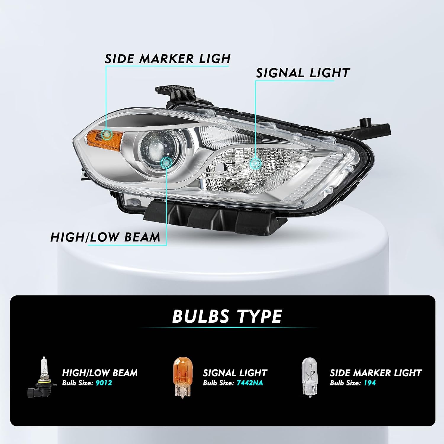 TUSDAR Headlight Assembly Fits for 2013 2014 2015 2016 Dodge Dart [Halogen Type] OEM Replacement Headlamp Chrome Housing RH (Right/Passenger Side)