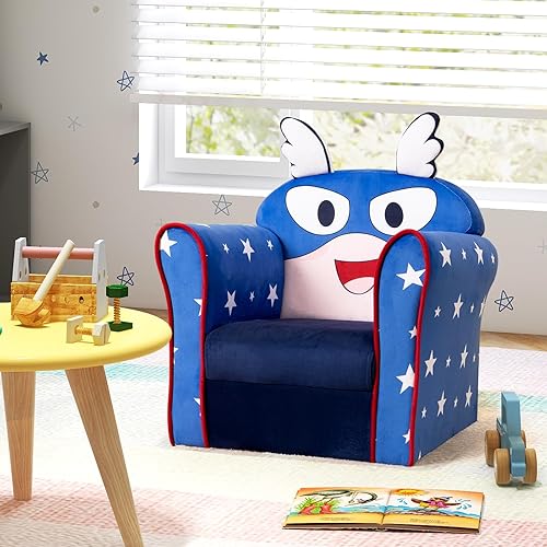 Miniatura 9 de HONEY JOY Sofá para niños, sillón para niños pequeños con patrón Flyman, mini muebles de sala de juegos para niños, construcción de madera
