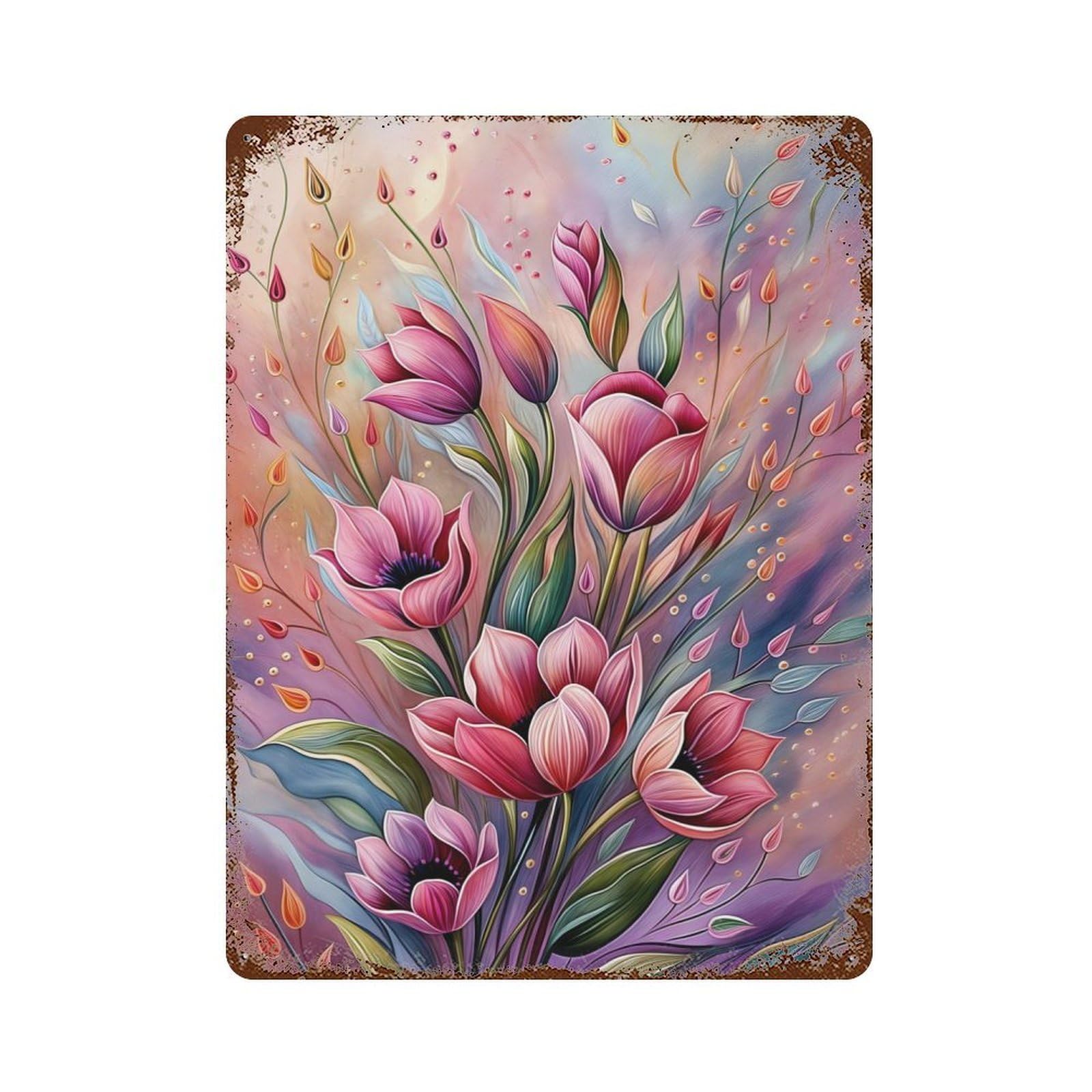Distressed Metal Wall Sign with Pink Blossom Flower Design 15.7"x11.8", for Living Room, Hallway And Home Decor, Vintage Wall Decor