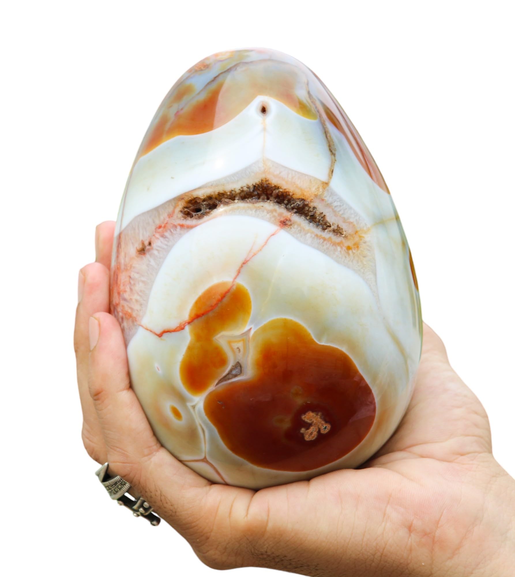 A+Huevo de piedra grande metafísica curativa de chakras de cristal de cornalina con bandas rojas naturales pulidas (140 mm/1360 g) para meditación, Feng Shui, aura, para interiores, decoración del