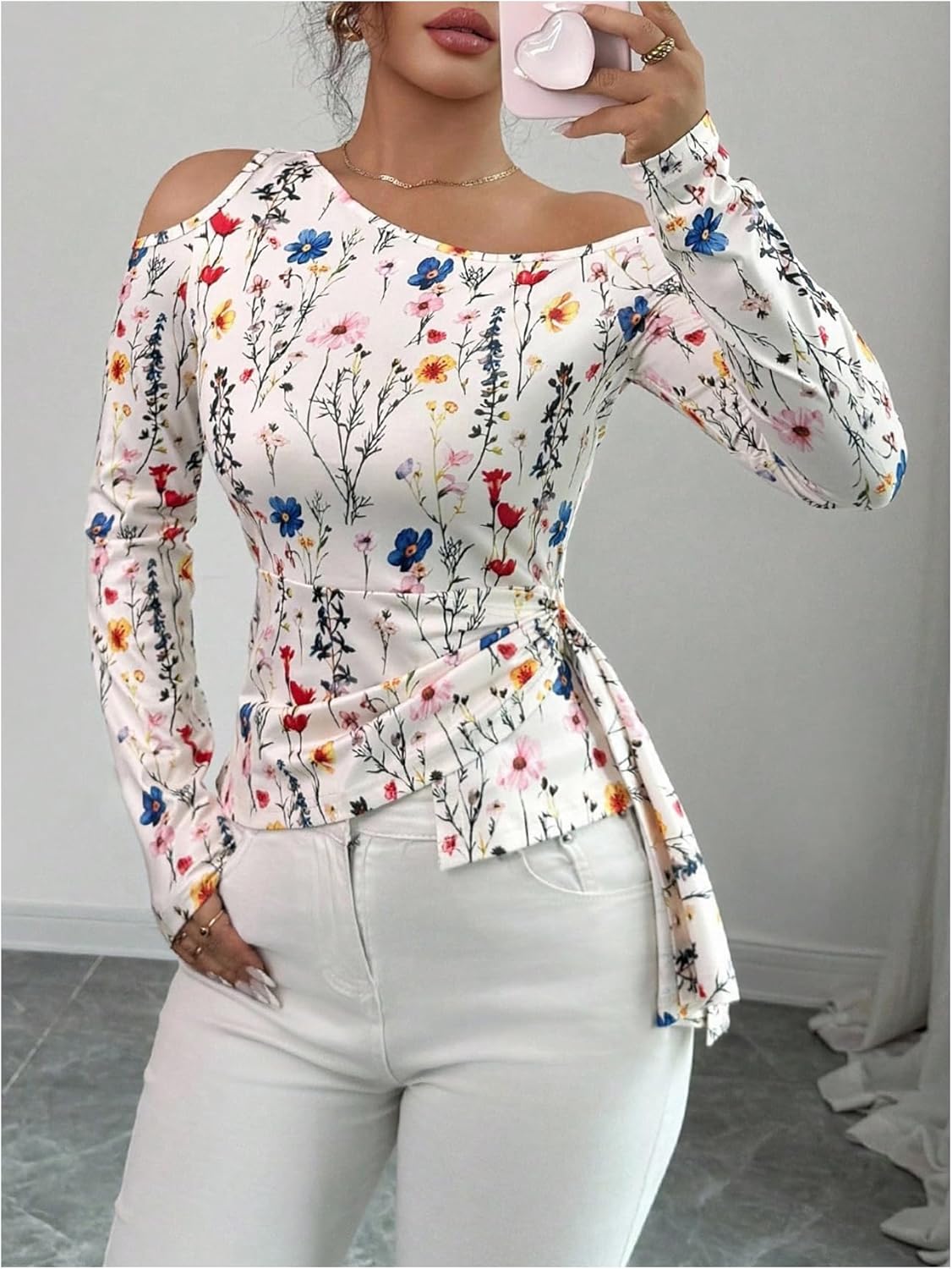 OYOANGLE Women's Floral Long Sleeve Cold Shoulder T Shirt Elegant Asymmetrical Hem Going Out Top - Image 6